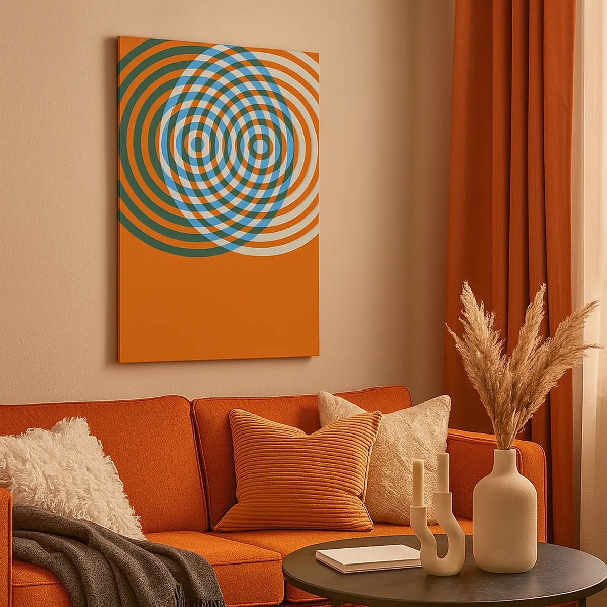 Cuadro sobre lienzo - Impresión de Imagen - Círculos concéntricos sobre un fondo naranja - 50x70cm - Círculos y abstracción - Decoración de pared moderna para salón y dormitorio ARTTOR