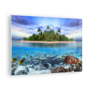 Cuadro sobre vidrio - Impresiones sobre Vidrio - Una isla tropical con un arrecife de coral y vida marina. - 70x50cm - Una isla paradisíaca te invita - Decoración de pared moderna para salón y dormitorio ARTTOR