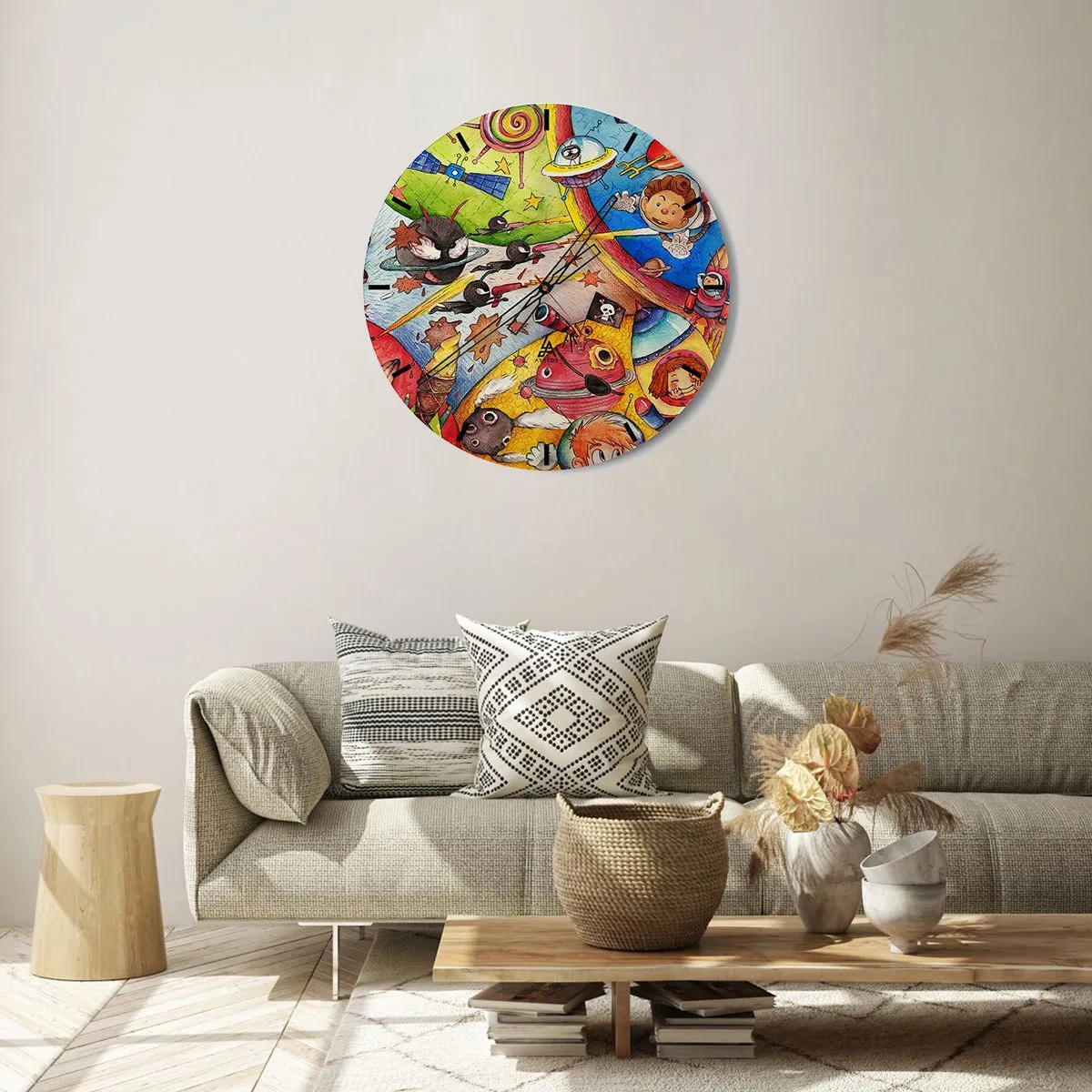 Reloj de pared - Reloj de vidrio - Una colorida ilustración de aventuras espaciales. - 30x30cm - Una gran aventura cósmica - Decoración de pared moderna para salón, cocina y dormitorio ARTTOR