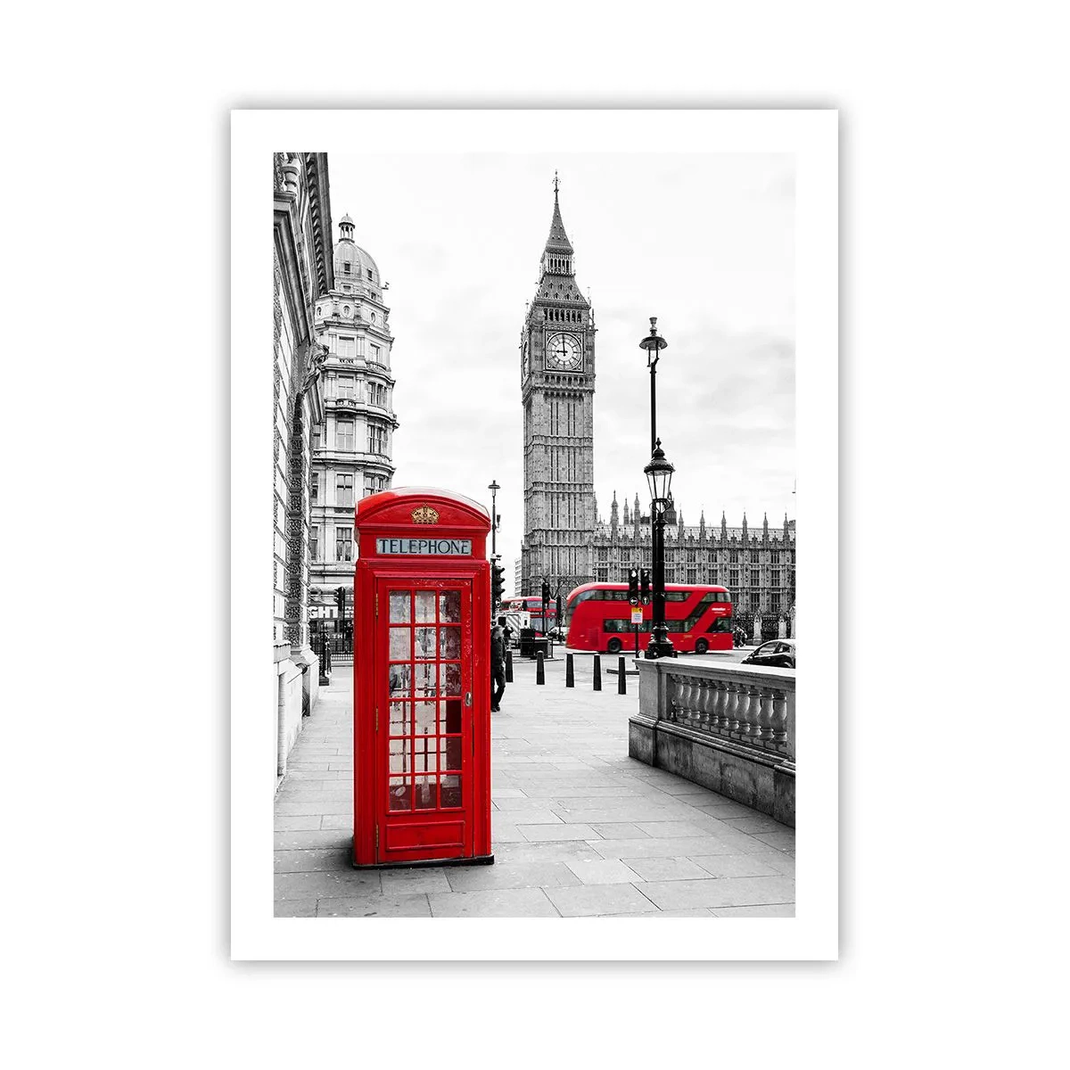 Póster - Una cabina telefónica roja con el Big Ben y un autobús al fondo. - 50x70cm - Sin duda, Londres - Decoración de pared moderna para salón y dormitorio ARTTOR
