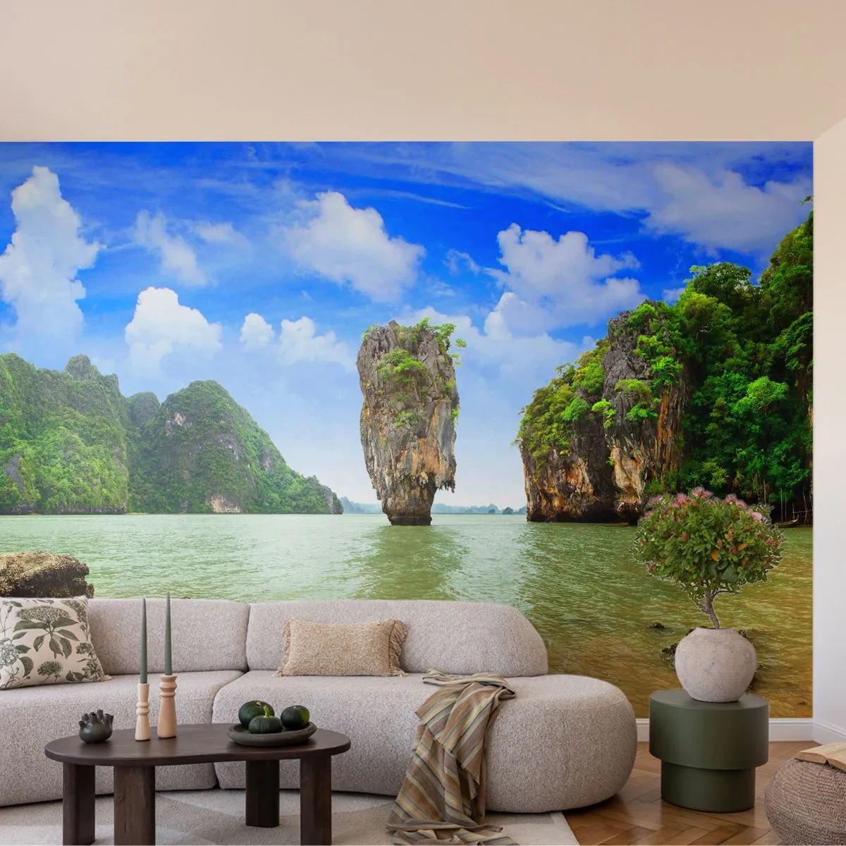 Fotomural Premium Sand - Una isla tropical con acantilados de piedra caliza y aguas azules. - 100x70cm - Las maravillas rocosas de la naturaleza - Decoración de pared moderna para salón y dormitorio ARTTOR
