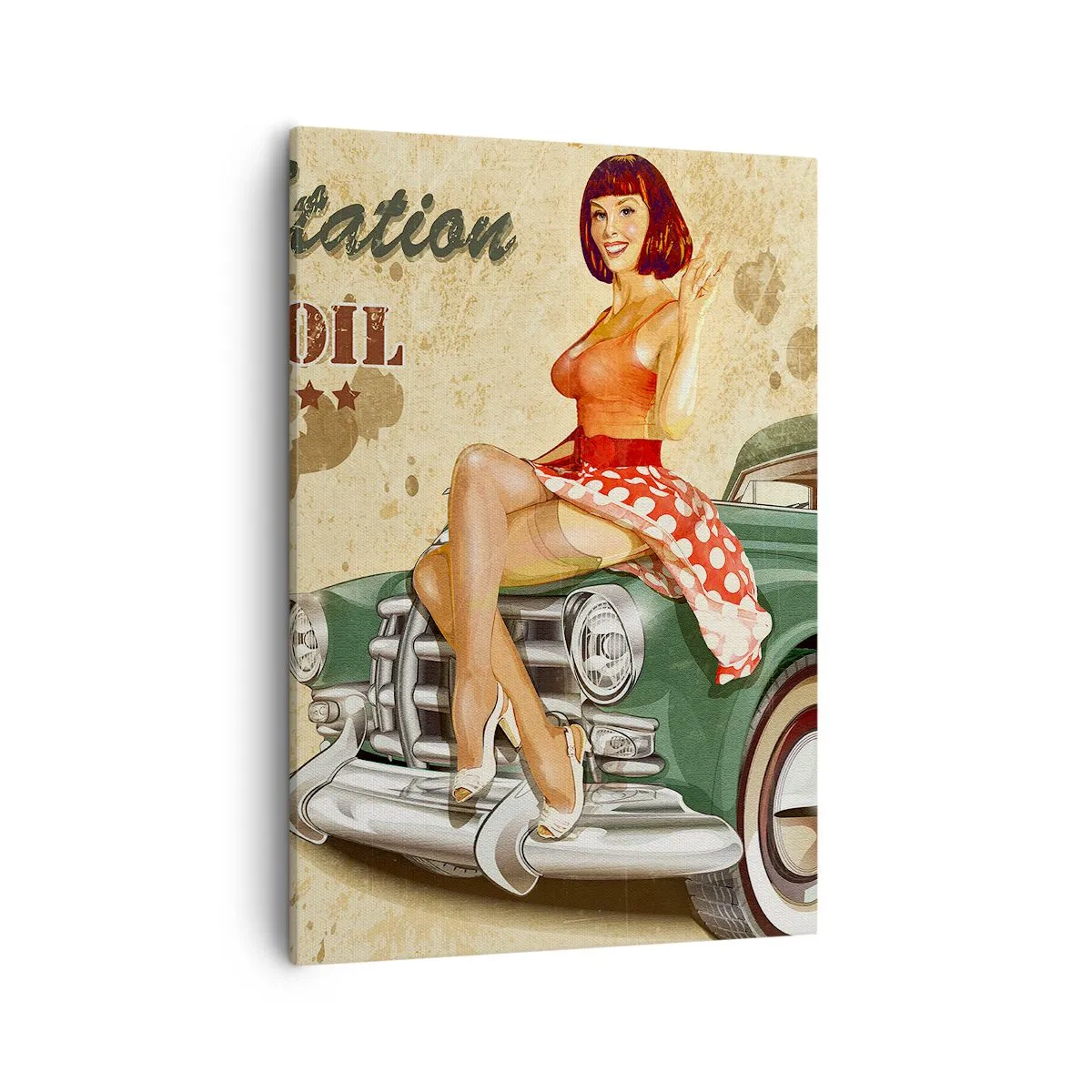 Cuadro sobre lienzo - Impresión de Imagen - Póster retro de la Ruta 66 con chica pin-up y coche. - 50x70cm - Los gloriosos años 40 - Decoración de pared moderna para salón y dormitorio ARTTOR