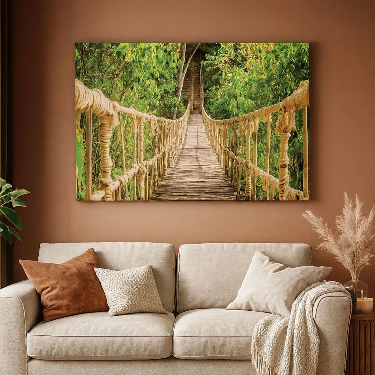 Cuadro sobre lienzo - Impresión de Imagen - Un puente colgante en un bosque tropical lleno de vegetación. - 70x50cm - Suspendido en verde - Decoración de pared moderna para salón y dormitorio ARTTOR