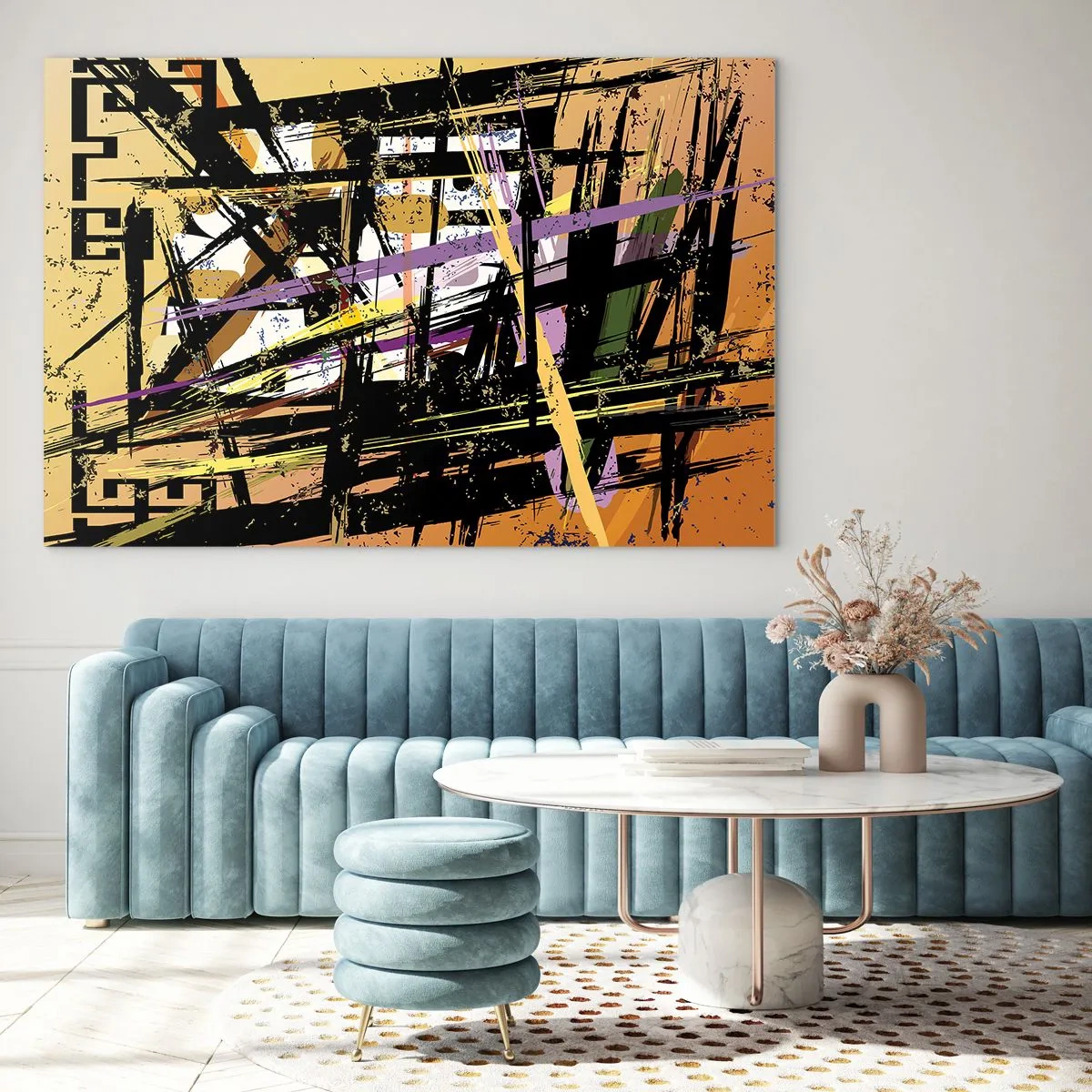 Cuadro sobre vidrio - Impresiones sobre Vidrio - Composición geométrica abstracta en líneas nítidas - 100x70cm - Corte afilado - Decoración de pared moderna para salón y dormitorio ARTTOR