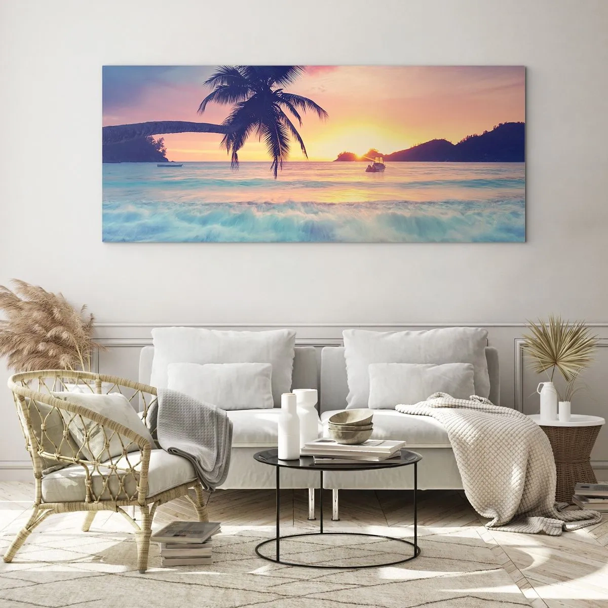 Cuadro sobre vidrio - Impresiones sobre Vidrio - Playa con palmera y puesta de sol sobre el océano. - 120x50cm - Atardecer en la bahía - Decoración de pared moderna para salón y dormitorio ARTTOR