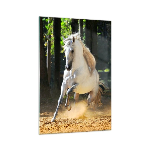 Cuadro sobre vidrio - Impresiones sobre Vidrio - Un caballo blanco galopando a través de un claro del bosque. - 70x100cm - Como en una novela de fantasía - Decoración de pared moderna para salón y dormitorio ARTTOR