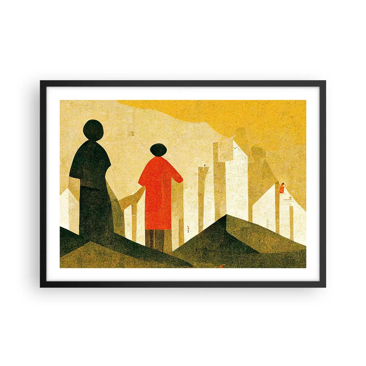 Póster en marco negro - Siluetas geométricas en rojo y verde sobre un fondo amarillo. - 70x50cm - Todavía lejos del destino - Decoración de pared moderna para salón y dormitorio ARTTOR