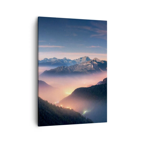 Cuadro sobre lienzo - Impresión de Imagen - Un paisaje de montaña con un valle lleno de niebla. - 50x70cm - Luz en los valles - Decoración de pared moderna para salón y dormitorio ARTTOR