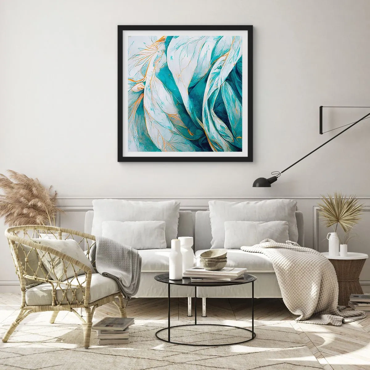 Póster en marco negro - Abstracción azul con motivos dorados - 30x30 cm