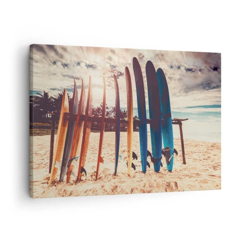 Cuadro sobre lienzo - Impresión de Imagen - Tablas de surf en la playa al atardecer - 70x50cm - Buenas noches, hasta mañana - Decoración de pared moderna para salón y dormitorio ARTTOR
