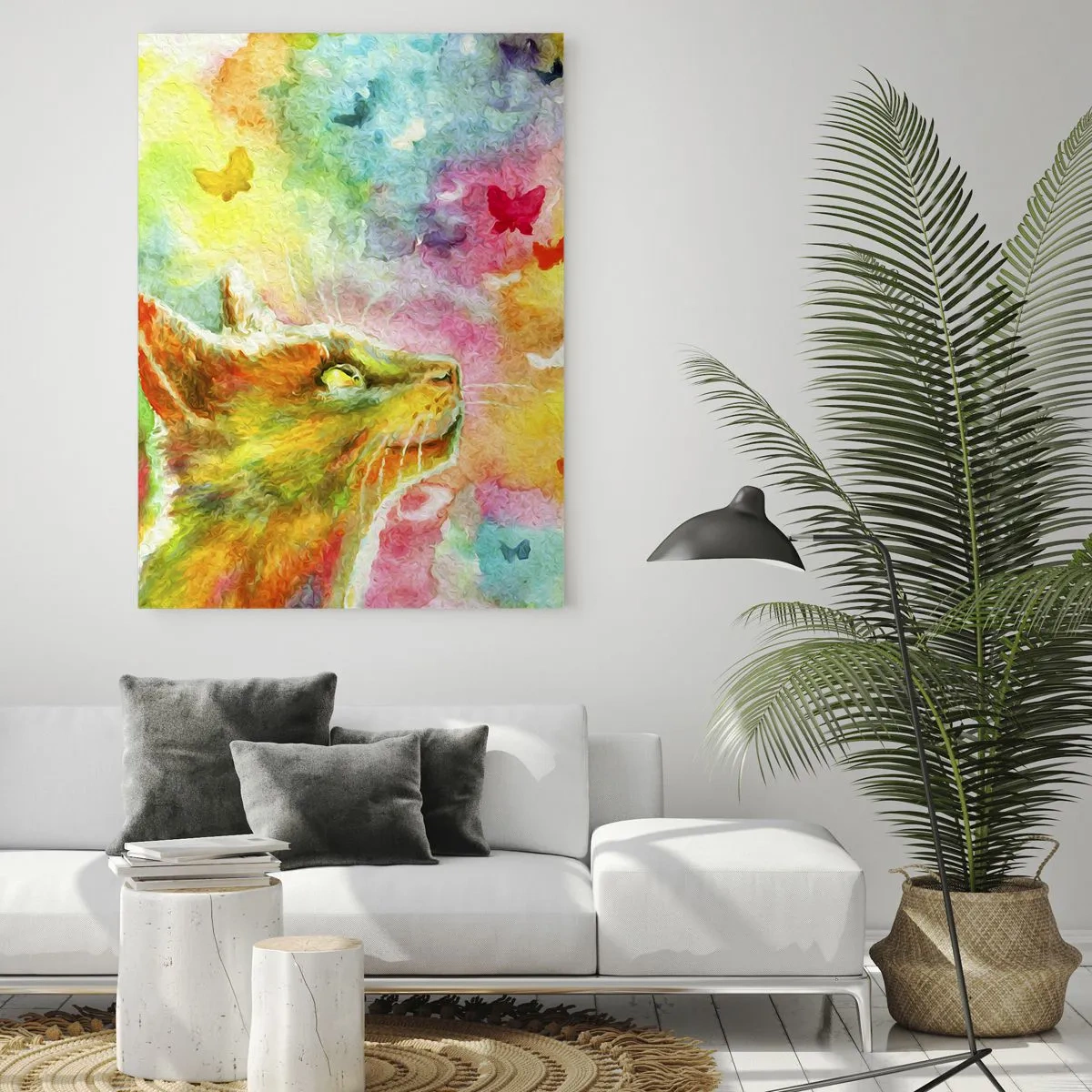 Cuadro sobre vidrio - Impresiones sobre Vidrio - Un gato rodeado de mariposas de colores. - 80x120cm - En el paraíso de los gatos - Decoración de pared moderna para salón y dormitorio ARTTOR