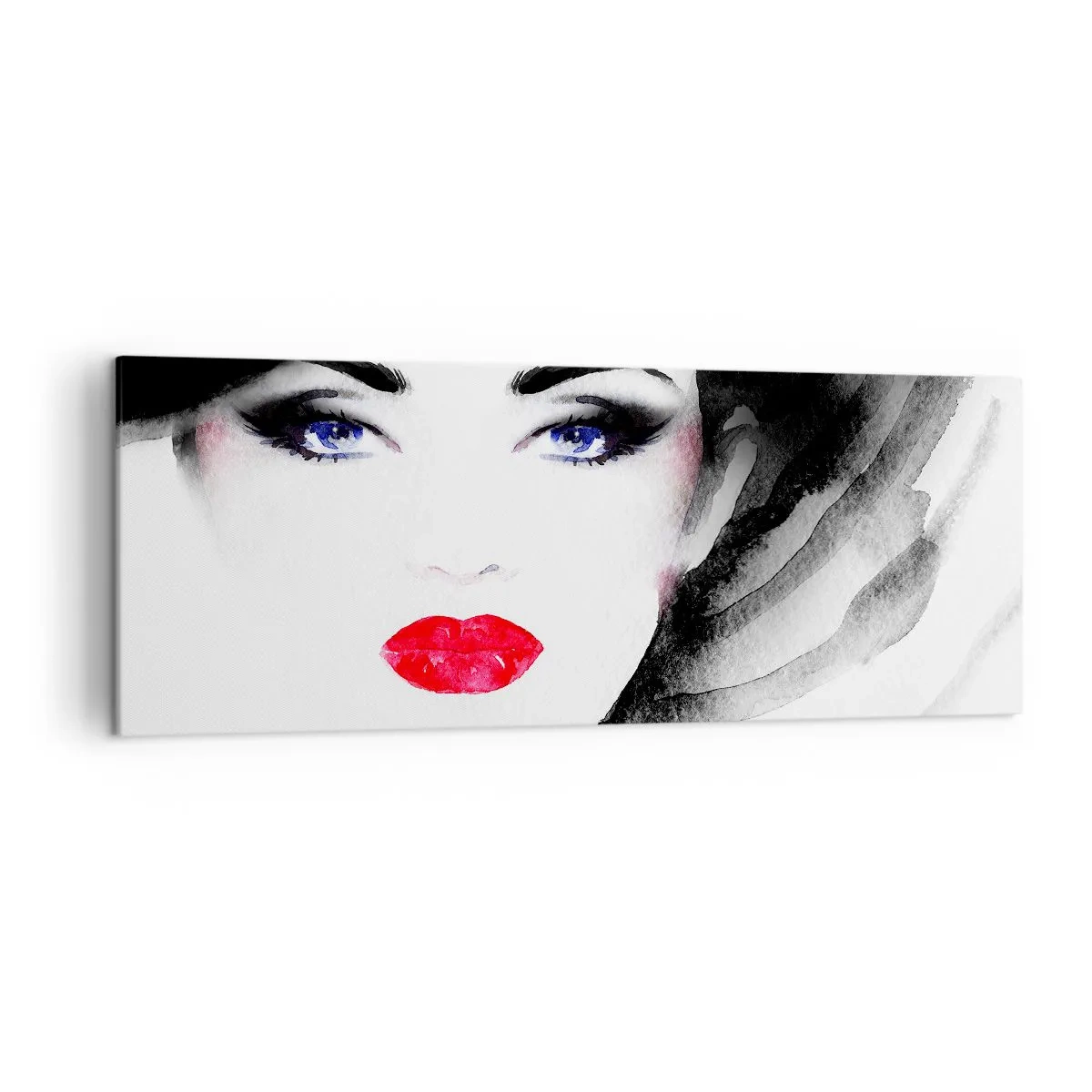 Cuadro sobre lienzo - Impresión de Imagen - Retrato de una mujer con labios rojos y ojos azules intensos. - 140x50cm - Lenguaje no verbal - Decoración de pared moderna para salón y dormitorio ARTTOR