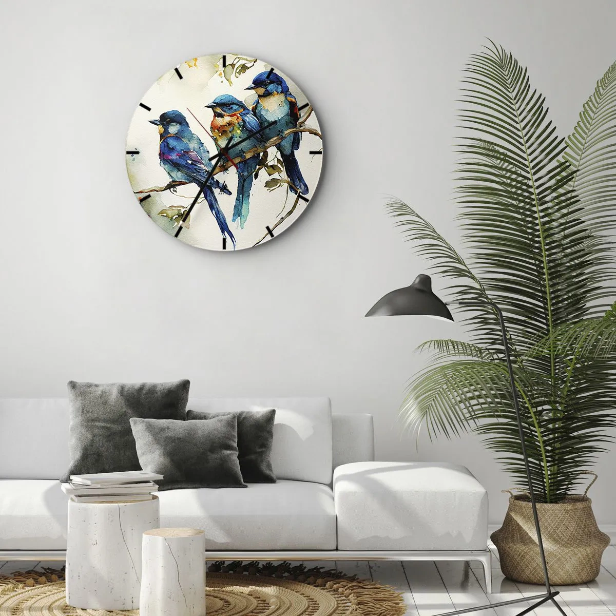 Reloj de pared - Reloj de vidrio - Pájaros coloridos en una rama en un estilo de ilustración de acuarela - 30x30cm - ¿Ofendido? - Decoración de pared moderna para salón, cocina y dormitorio ARTTOR
