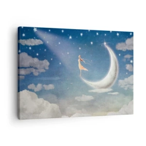 Cuadro sobre lienzo - Impresión de Imagen - Una mujer en la luna rodeada de estrellas y nubes. - 70x50cm - Pretendiente sobre azul - Decoración de pared moderna para salón y dormitorio ARTTOR