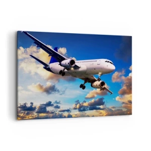 Cuadro sobre lienzo - Impresión de Imagen - Un avión de pasajeros contra las nubes al atardecer. - 100x70cm - Un viaje en blanco y azul - Decoración de pared moderna para salón y dormitorio ARTTOR