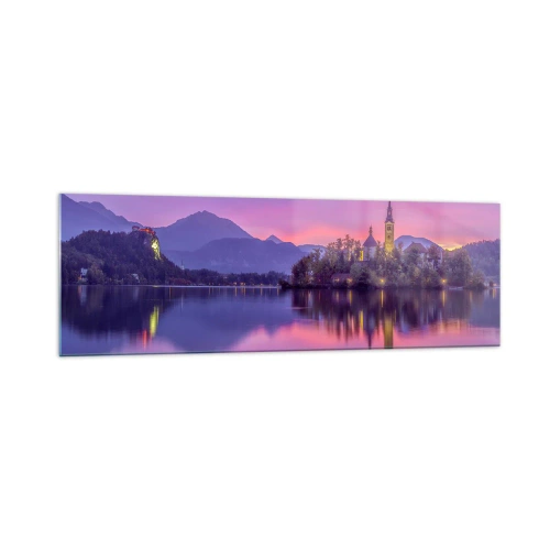 Cuadro sobre vidrio - Impresiones sobre Vidrio - Lago con una isla y una iglesia al atardecer - 160x50cm - Isla de cuento de hadas al atardecer - Decoración de pared moderna para salón y dormitorio ARTTOR