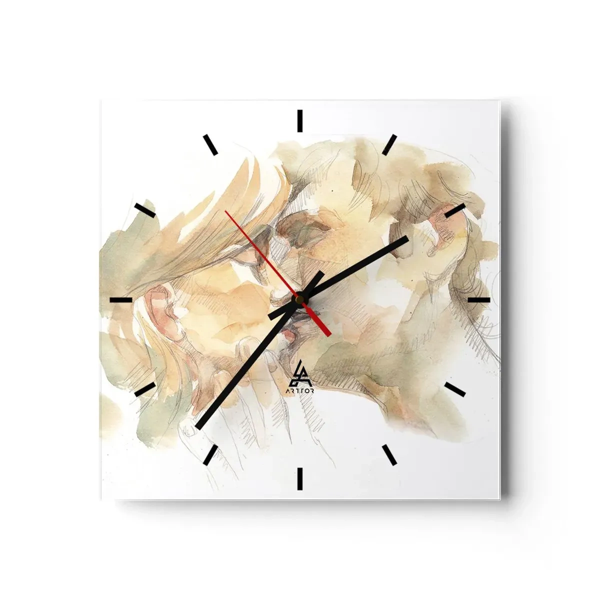 Reloj de pared - Reloj de vidrio - Retrato romántico en acuarela de una pareja besándose. - 30x30cm - ¿La media naranja encontrada? - Decoración de pared moderna para salón y dormitorio ARTTOR