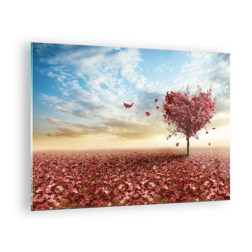 Cuadro sobre vidrio - Impresiones sobre Vidrio - Un árbol en forma de corazón contra un campo de hojas rojas. - 70x50cm - Amor de otoño - Decoración de pared moderna para salón y dormitorio ARTTOR