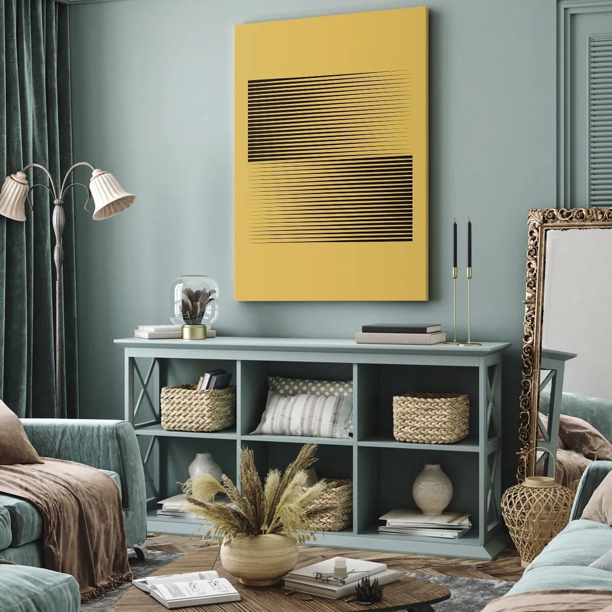 Cuadro sobre lienzo - Impresión de Imagen - Líneas negras verticales sobre un fondo amarillo - 50x70cm - Cuadrado de opuestos - Decoración de pared moderna para salón y dormitorio ARTTOR