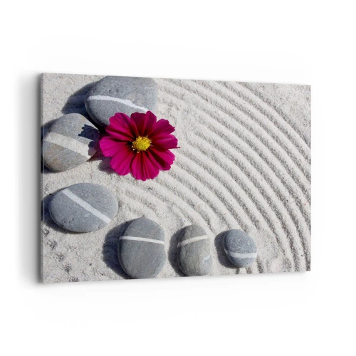 Cuadro sobre lienzo - Impresión de Imagen - Piedras y una flor rosa sobre la arena en estilo zen. - 100x70cm - Energía y paz del círculo mágico de la naturaleza - Decoración de pared moderna para salón y dormitorio ARTTOR