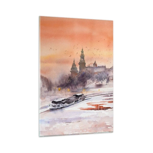Cuadro sobre vidrio - Impresiones sobre Vidrio - Puesta de sol sobre el castillo en un paisaje invernal - 80x120cm - Atardecer real - Decoración de pared moderna para salón y dormitorio ARTTOR