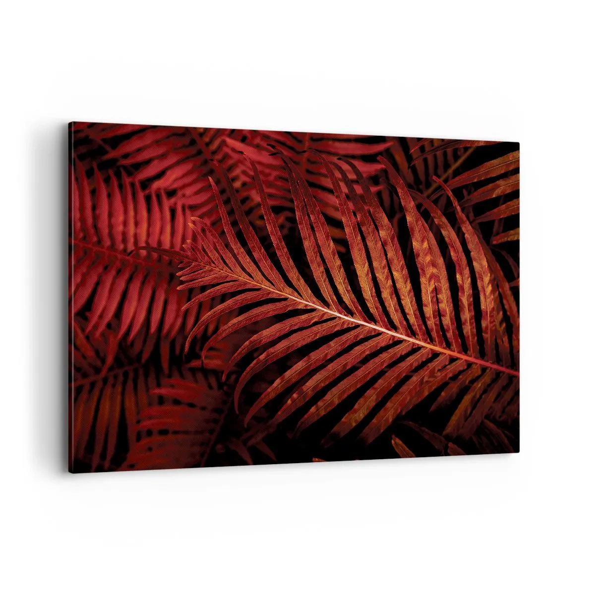 Cuadro sobre lienzo - Impresión de Imagen - Primer plano de hojas tropicales rojas - 120x80cm - Las brasas de la vida - Decoración de pared moderna para salón y dormitorio ARTTOR
