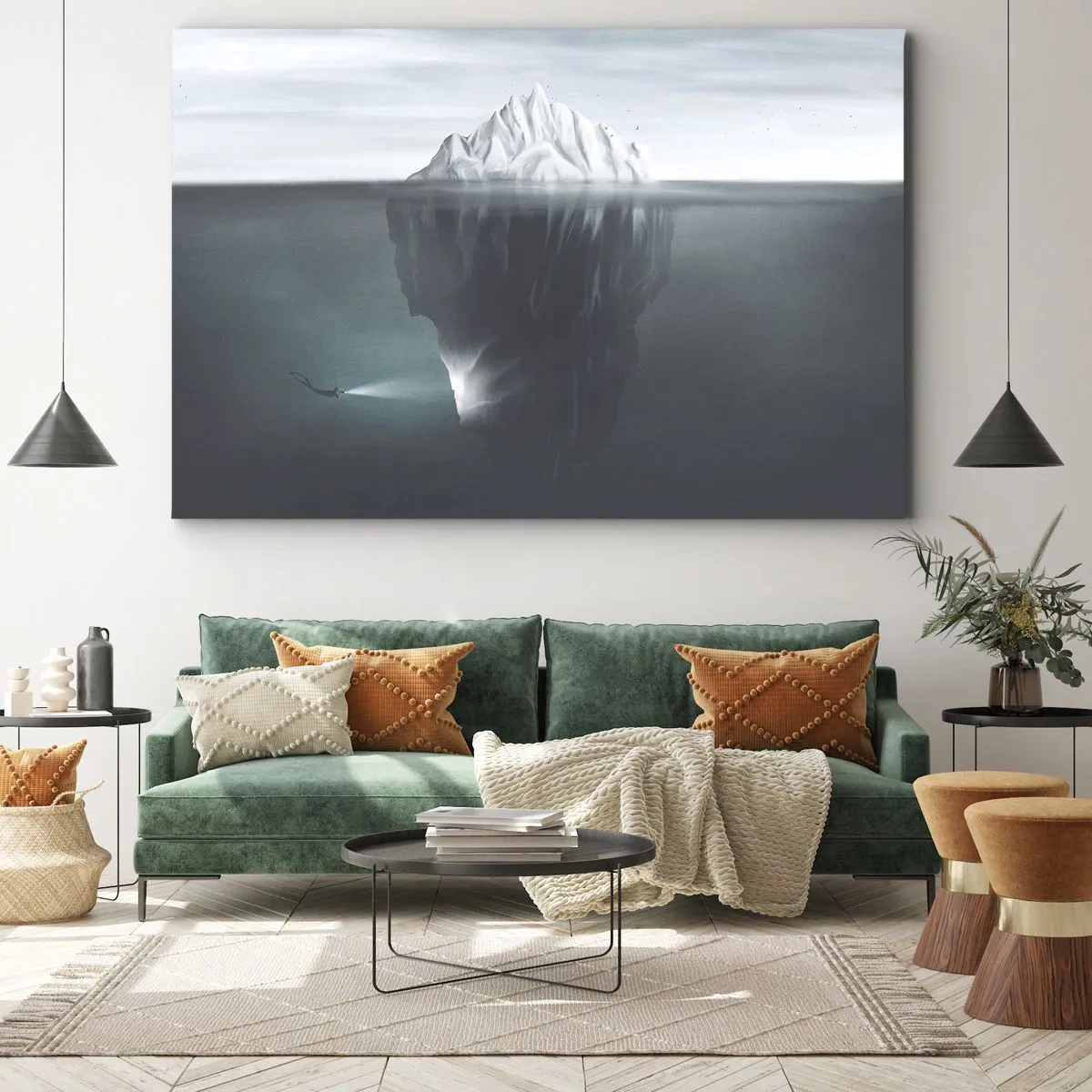 Cuadro sobre lienzo - Impresión de Imagen - Un iceberg en el agua con un buzo y un reflector debajo de la superficie. - 70x50cm - Misterio submarino - Decoración de pared moderna para salón y dormitorio ARTTOR