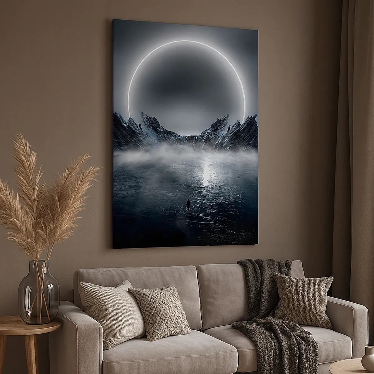 Cuadro sobre lienzo - Impresión de Imagen - Paisaje misterioso con un anillo de luz sobre las montañas. - 50x70cm - El final del cuento - Decoración de pared moderna para salón y dormitorio ARTTOR