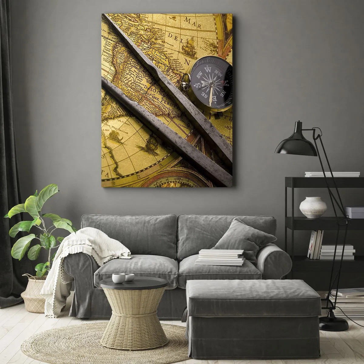 Cuadro sobre lienzo - Impresión de Imagen - Un mapa del mundo antiguo con una brújula y un par de brújulas en el fondo. - 50x70cm - ¿Dónde están los tesoros? - Decoración de pared moderna para salón y dormitorio ARTTOR
