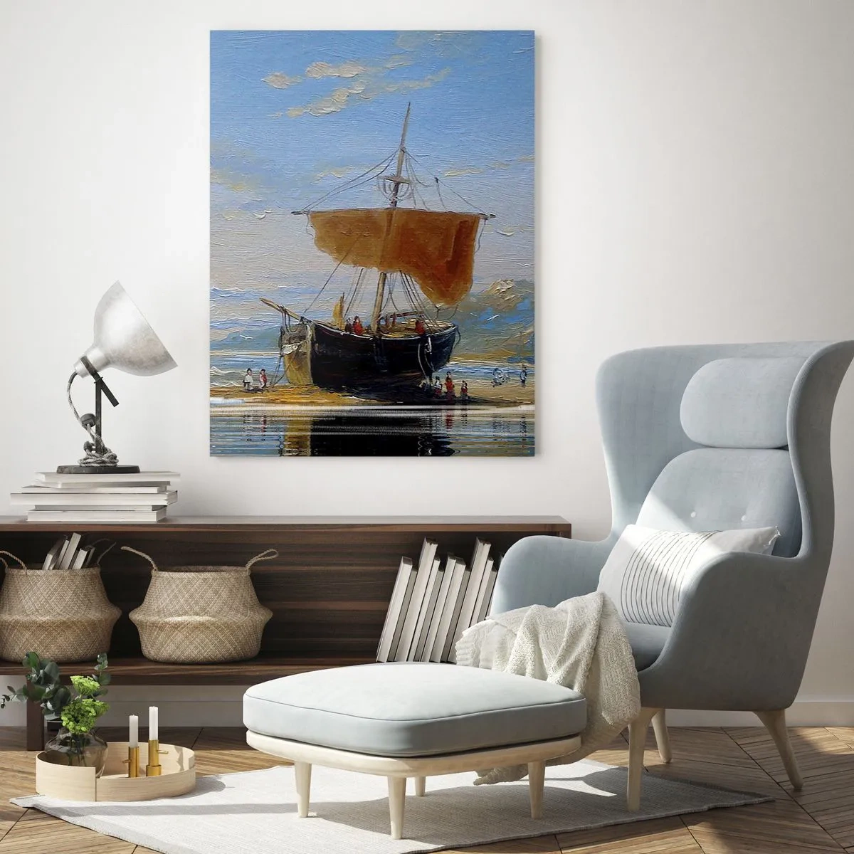 Cuadro sobre vidrio - Impresiones sobre Vidrio - Un barco con una vela en la orilla en estilo pictórico. - 50x70cm - Agua, tierra, aire - Decoración de pared moderna para salón y dormitorio ARTTOR