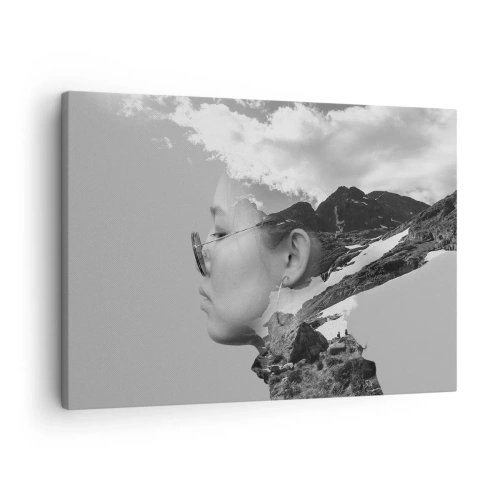 Cuadro sobre lienzo - Impresión de Imagen - Una composición en blanco y negro con la silueta de una mujer y un paisaje de montaña. - 70x50cm - Retrato sobre montañas y nubes - Decoración de pared moderna para salón y dormitorio ARTTOR