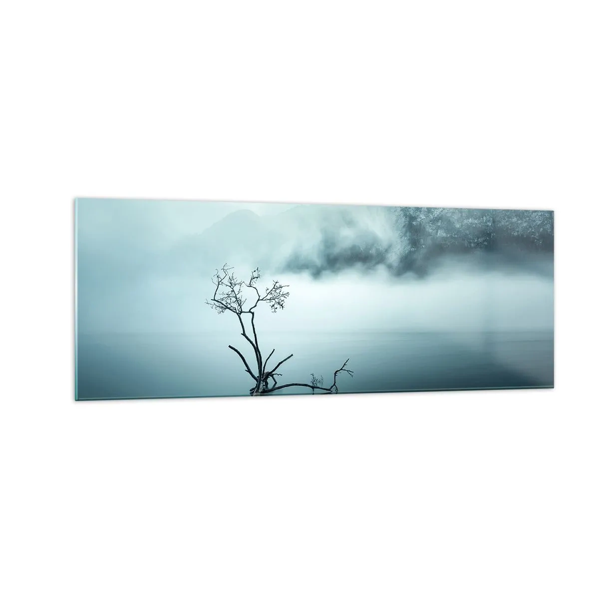 Cuadro sobre vidrio - Impresiones sobre Vidrio - Un árbol solitario en el agua rodeado de niebla y montañas. - 140x50cm - Fuera del agua y de la niebla - Decoración de pared moderna para salón y dormitorio ARTTOR