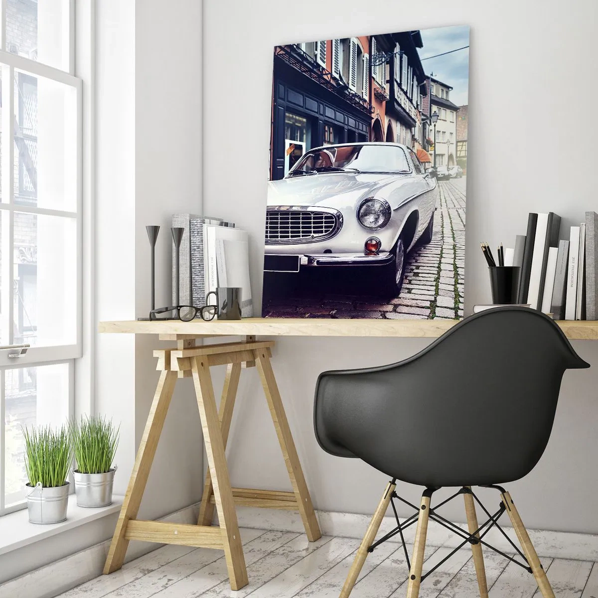 Cuadro sobre vidrio - Impresiones sobre Vidrio - Un coche clásico blanco con un fondo de edificios históricos. - 50x70cm - El pasado está aquí - Decoración de pared moderna para salón y dormitorio ARTTOR
