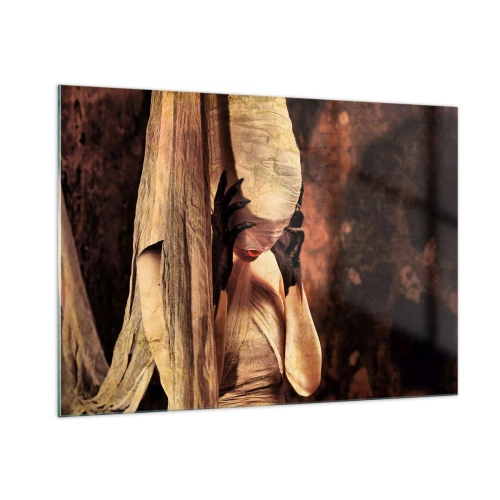 Cuadro sobre vidrio - Impresiones sobre Vidrio - Una mujer misteriosa rodeada de telas doradas. - 100x70cm - Entre el bien y el mal - Decoración de pared moderna para salón y dormitorio ARTTOR