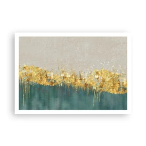 Póster - Acentos dorados sobre un fondo verde-beige. - 100x70cm - La frontera dorada - Decoración de pared moderna para salón y dormitorio ARTTOR