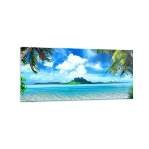 Cuadro sobre vidrio - Impresiones sobre Vidrio - Playa tropical con palmeras y vista a la isla. - 120x50cm - El azul de los trópicos - Decoración de pared moderna para salón y dormitorio ARTTOR