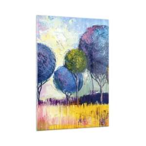 Cuadro sobre vidrio - Impresiones sobre Vidrio - Árboles coloridos contra un fondo de paisaje abstracto - 50x70cm - Una esfera: la forma de un ideal - Decoración de pared moderna para salón y dormitorio ARTTOR