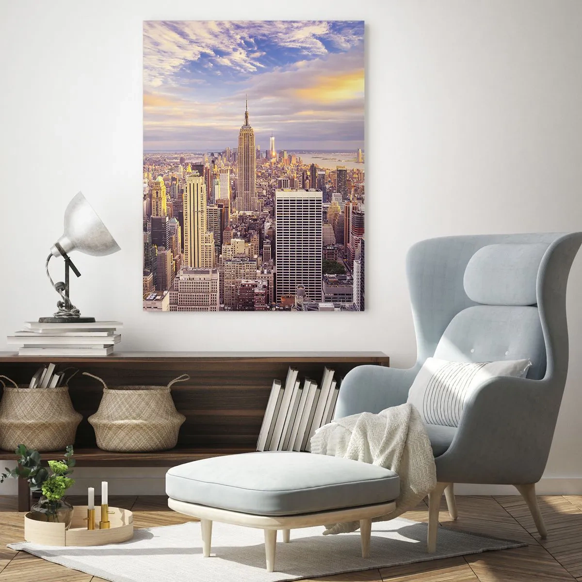 Cuadro sobre vidrio - Impresiones sobre Vidrio - Panorama de una ciudad moderna con rascacielos al atardecer - 80x120cm - Alcanzar las nubes - Decoración de pared moderna para salón y dormitorio ARTTOR