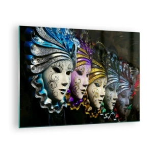 Cuadro sobre vidrio - Impresiones sobre Vidrio - Máscaras venecianas coloridas en fila - 70x50cm - Misterio en oro y plata - Decoración de pared moderna para salón y dormitorio ARTTOR