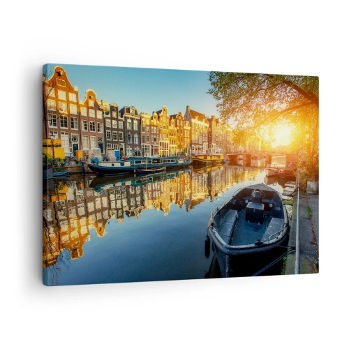 Cuadro sobre lienzo - Impresión de Imagen - Canal de Ámsterdam al atardecer - 70x50cm - Mañana en Ámsterdam - Decoración de pared moderna para salón y dormitorio ARTTOR