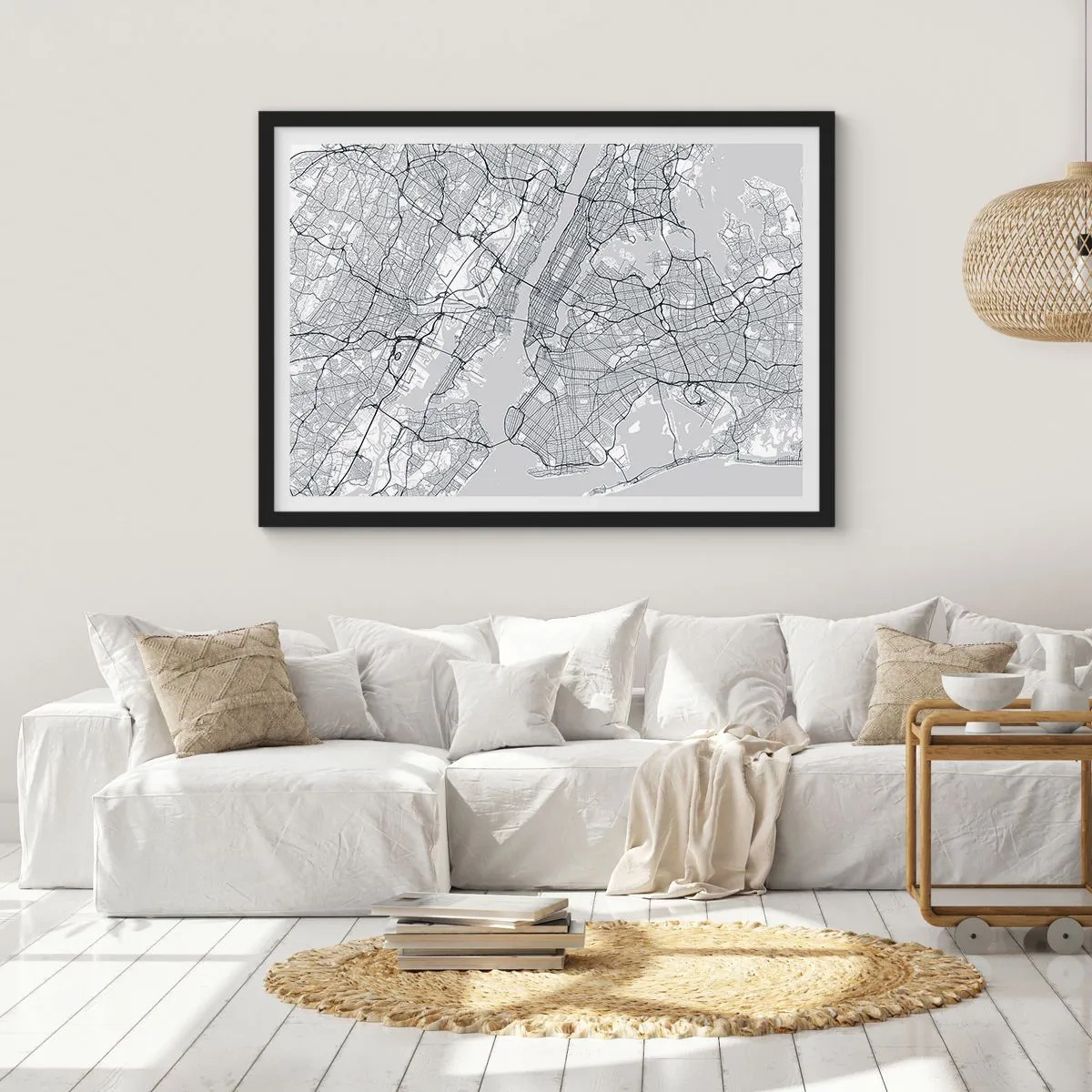 Póster en marco negro - Un mapa de la ciudad en estilo minimalista sobre un fondo gris. - 70x50cm - Anatomía de una metrópolis - Decoración de pared moderna para salón y dormitorio ARTTOR