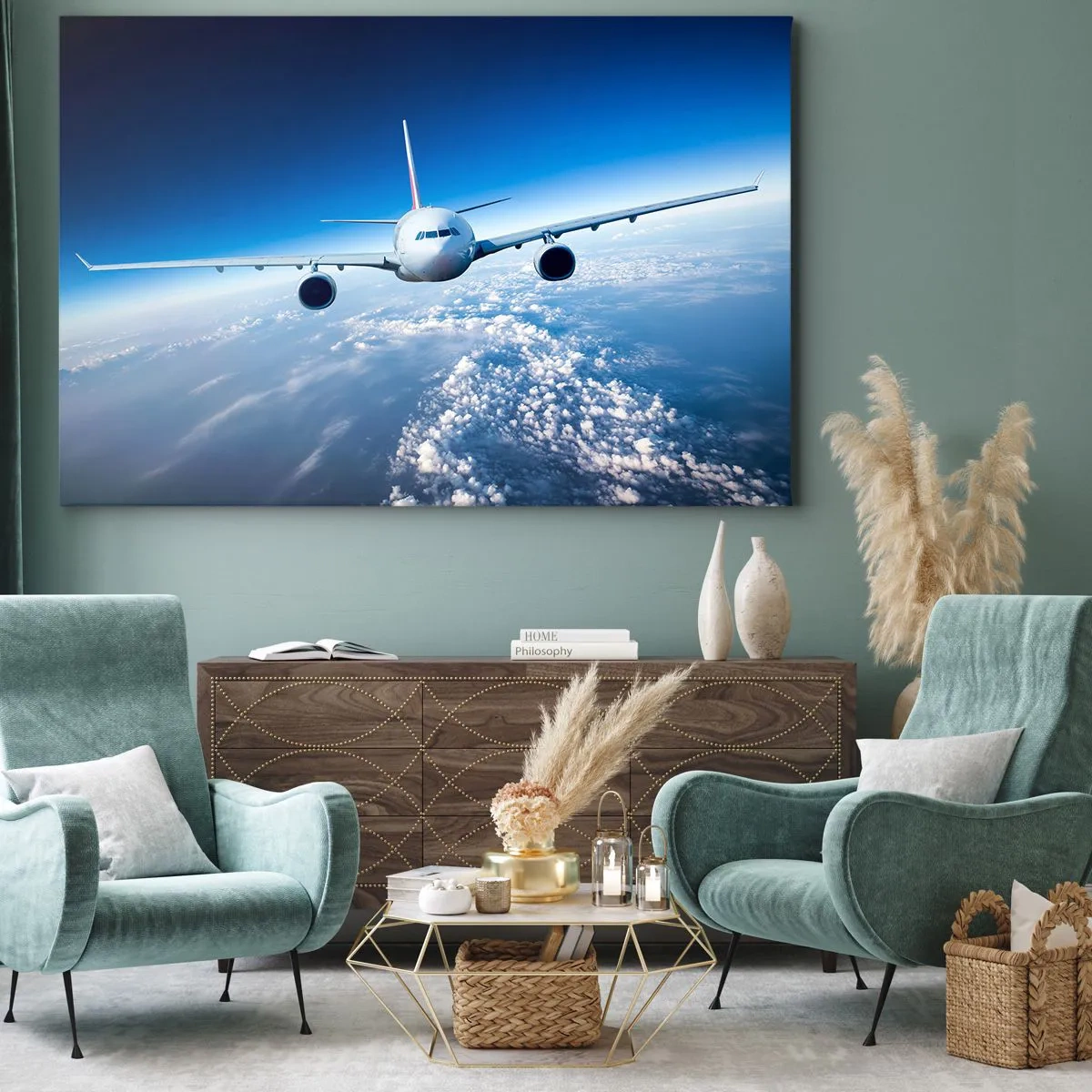 Cuadro sobre lienzo - Impresión de Imagen - Un avión volando sobre las nubes contra un cielo azul. - 100x70cm - Vuelo porque quiero - Decoración de pared moderna para salón y dormitorio ARTTOR