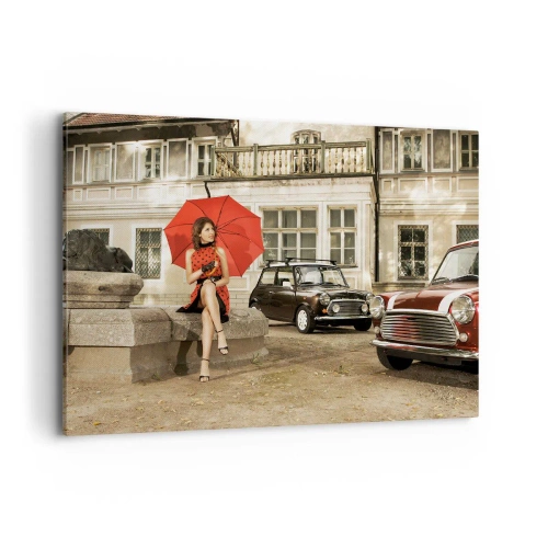 Cuadro sobre lienzo - Impresión de Imagen - Mujer con un paraguas rojo junto a coches clásicos - 100x70cm - Un mini viaje sentimental - Decoración de pared moderna para salón y dormitorio ARTTOR