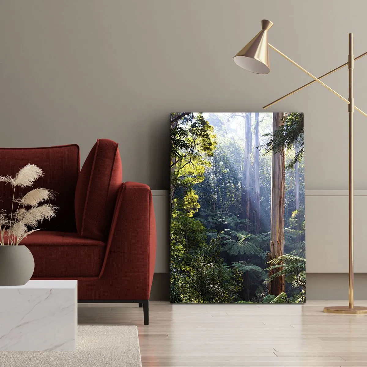 Cuadro sobre lienzo - Impresión de Imagen - Bosque tropical iluminado por los rayos del sol - 50x70cm - Un cuento de hadas del bosque - Decoración de pared moderna para salón y dormitorio ARTTOR