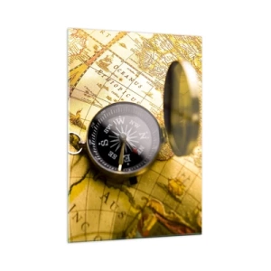 Cuadro sobre vidrio - Impresiones sobre Vidrio - Un mapa dorado con una brújula como acento de aventura. - 50x70cm - ¿Hasta el fin del mundo? - Decoración de pared moderna para salón y dormitorio ARTTOR