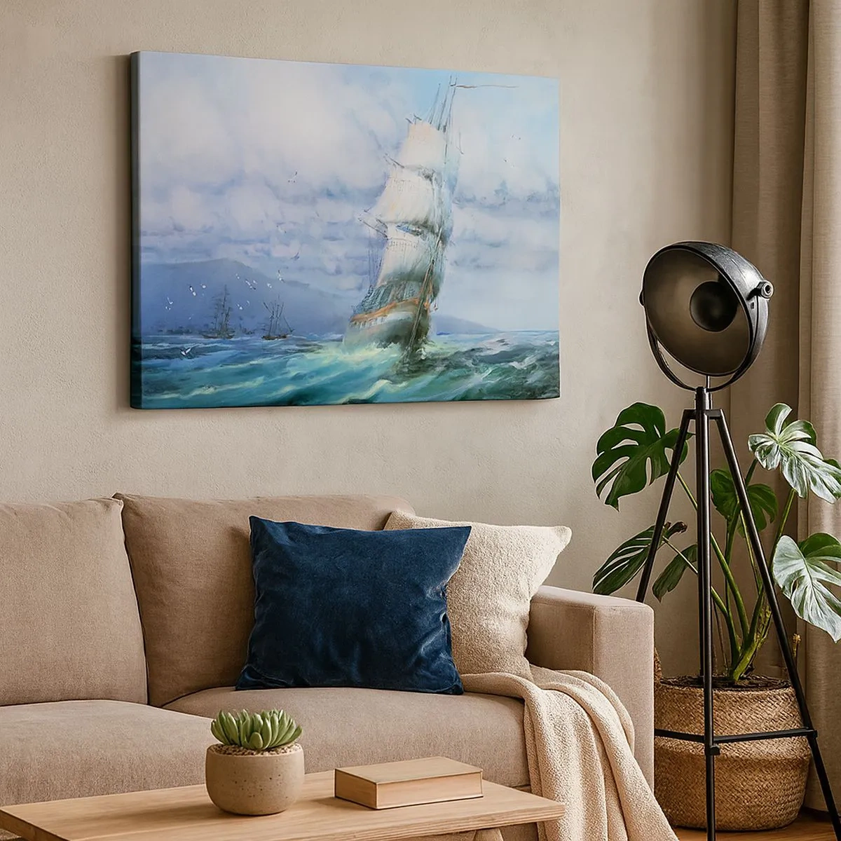 Cuadro sobre lienzo - Impresión de Imagen - Un barco en un mar tempestuoso - 70x50cm - Viento en popa - Decoración de pared moderna para salón y dormitorio ARTTOR