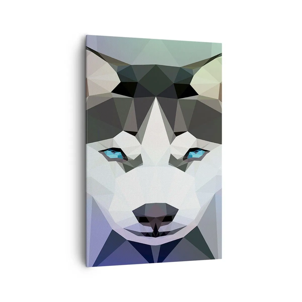 Cuadro sobre lienzo - Impresión de Imagen - Lobo geométrico con expresivos ojos azules. - 80x120cm - El recuerdo de las nieves del norte - Decoración de pared moderna para salón y dormitorio ARTTOR