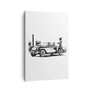 Cuadro sobre lienzo - Impresión de Imagen - Una escena retro en blanco y negro con un coche y una camarera en patines. - 70x100cm - Años 60 - la América despreocupada - Decoración de pared moderna para salón y dormitorio ARTTOR