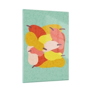Cuadro sobre vidrio - Impresiones sobre Vidrio - Peras coloridas en un estilo gráfico sobre un fondo turquesa. - 50x70cm - Saborear el sol del verano - Decoración de pared moderna para salón y dormitorio ARTTOR