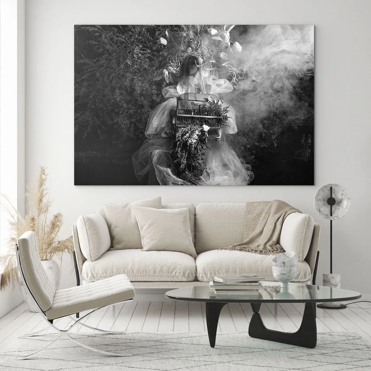 Cuadro sobre vidrio - Impresiones sobre Vidrio - Mujer con vestido de tul y corona de plantas en blanco y negro - 100x70cm - La madre misma - La naturaleza - Decoración de pared moderna para salón y dormitorio ARTTOR